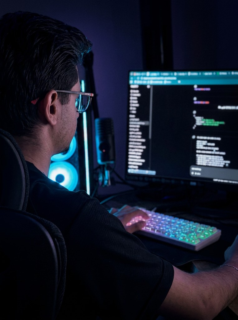 Alex working at his development workstation with code on screen and RGB-lit hardware